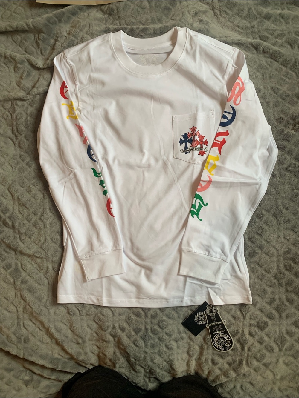 Chrome Hearts White Long-Sleeve Tee with Multicolor Sleeve Graphics
